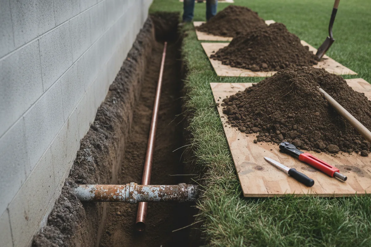 Excavated water line trench during Water Softener Installation in Cambria